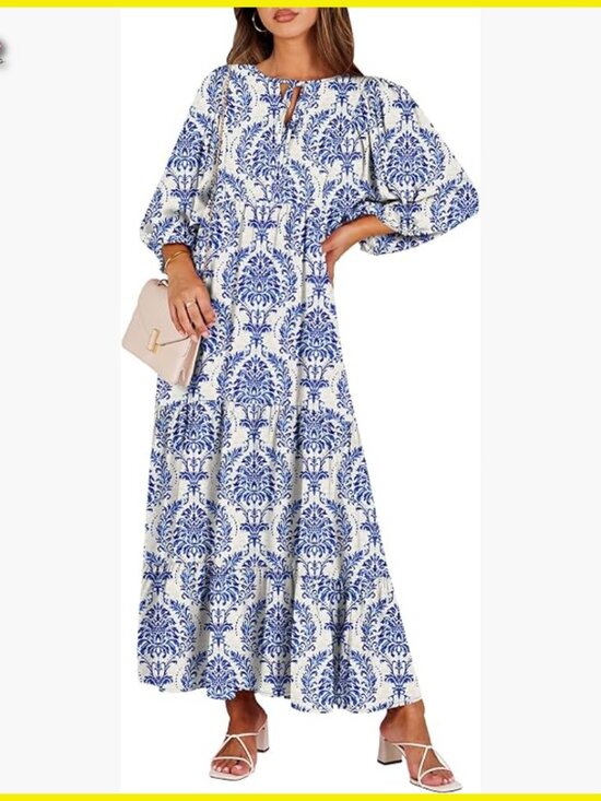 Dresses & Skirts - Boho Maxi Dress Flowy Swing V Neck Puff Sleeve Floral Casual Elegant